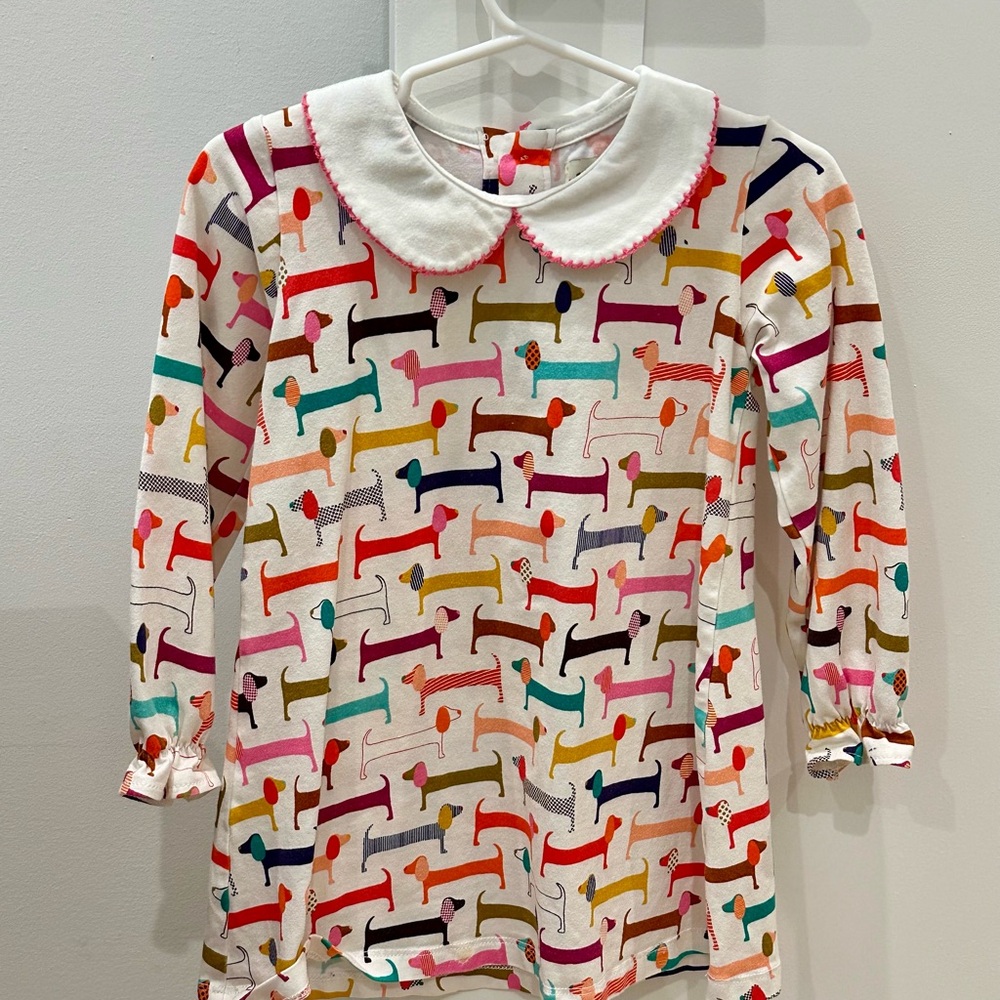 Colorful Dachshund Print Dress with Peter Pan Collar—2T EUC